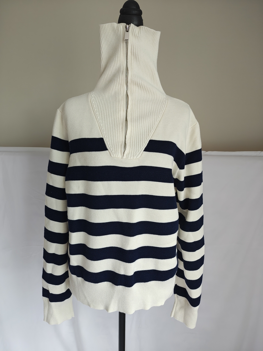 Striped Half‑Zip Mock Neck Sweater - Navy & Cream - Picture 3 of 5